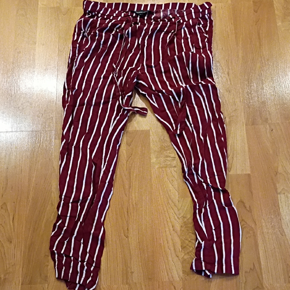 Ambiance Burgundy and White Vertical Stripe Drawstring Pants
